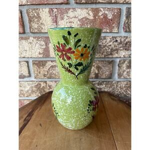 Vintage Italian Pottery Vase Gorgeous Green Colorful Florals 8 3/4" Tall Mint!
